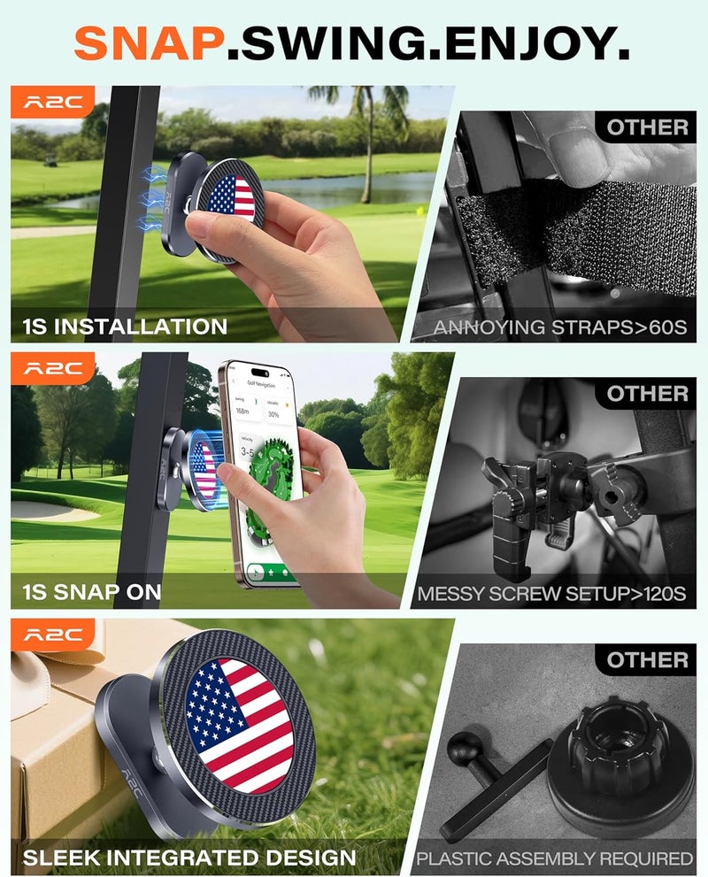 A2C American Flag Alloy Magnetic Golf Cart Phone Holder Compatible with MagSafe iPhone 12-17 Mini Fits EZGO, Club Car, Yamaha, Icon, Golf Accessories for Men Golfers Women Essentials Gift (US Flag) - Image 3
